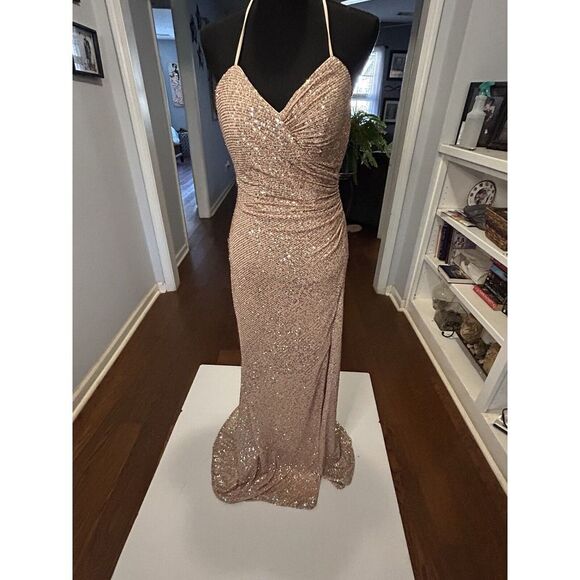 Elizabeth K Rose Gold Sequin Backless‎ Gown, Size M. Prom Formal - Picture 1 of 8